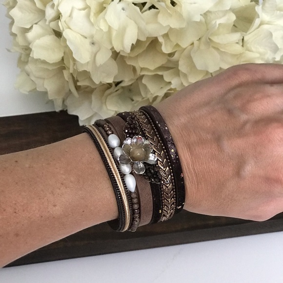 Leather Layered Cuff Bracelet, Brown - Picture 3 of 4